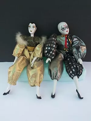 Pair Of Porcelain Harlequin Jester Mime Dolls Flexible 16  Inches  • $31