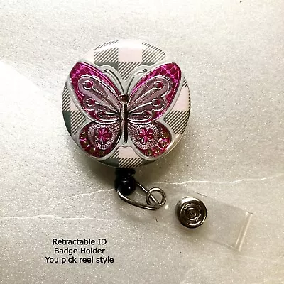 FOIL BUTTERFLY On Gray Check Fun For Spring Summer ~ Retractable ID Badge Reel • $12.50