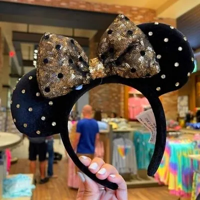 Disney Parks Black And Gold Velvet Felt Studded Minnie Mouse Ears Ear Headband • $18.99
