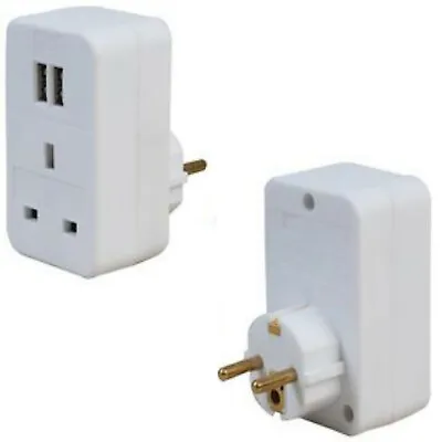 TRAVEL ADAPTOR EURO PLUG TO UK 1 GANG WITH 2 USB SOCKETS  Schuko • £9.65