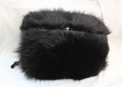 VTG. Large LUSH Black Fox Silk Fur Muff Hand Warmer Purse Kiss Lock Wrist Strap • $59.99