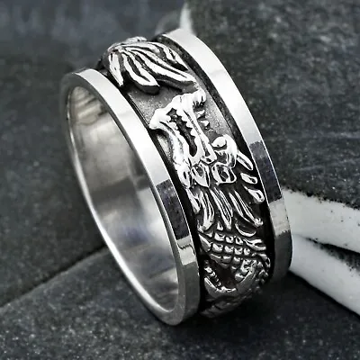 925 Sterling Silver Men's Ring 3D Detailed Dragon Anxiety Spinner Wedding Band • $37.99