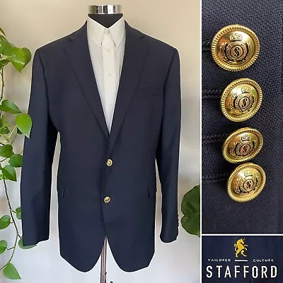 Stafford Executive Mens Gold Buttons Blazer Navy Blue Wool Sport Coat Jacket 48L • $84.95