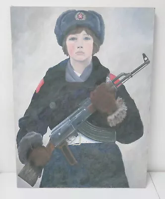 Vintage Russian Girl Holding AK 47 Oil On Canvas Painting ~ Free Shipping • $299.99