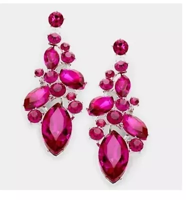 2.75  Long Hot Pink Fuchsia Dangle Pageant Rhinestone Crystal Large Earrings • $15