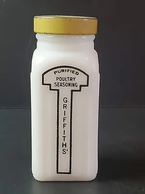 $7.50 • Buy Vintage Griffiths’ Milk Glass Art Deco Spice Jar, Yellow Lid, Poultry Seasoning