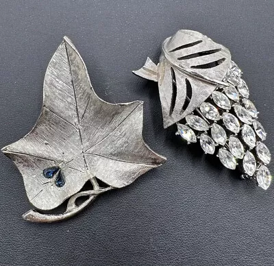 Vintage Lot 2 Silver Rhinestone Brooches Clear Grape Leaves Blue • $14