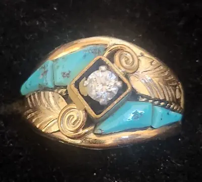 Vintage Navajo Sterling Gold Filled Turquoise Stone W/CZ Men's Ring Size 10.5 • $124.50