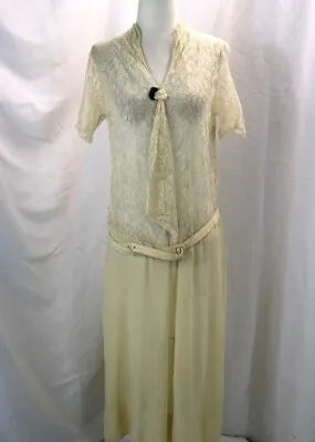 Vintage Ivory 1920s Sheer Lace Silk Drop Waist Flapper Dress Original Belt Sz M • $149.99