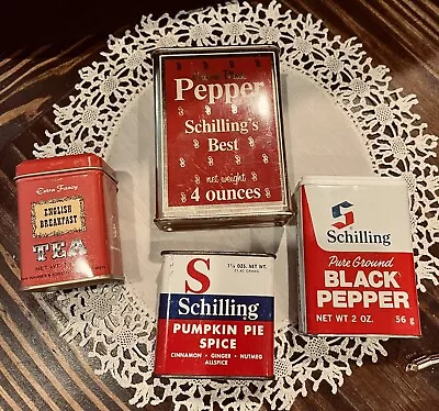 VINTAGE SPICE TINS   Lot Of Four Shilling  Pumpkin Spice Pepper Tea Decor • $8.49