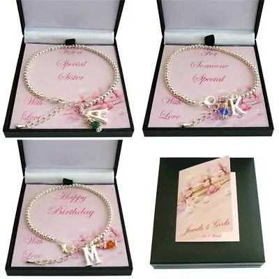 £9.99 • Buy Birthstone Bracelet With Letter Charm And Silver Beads In Special Gift Box.
