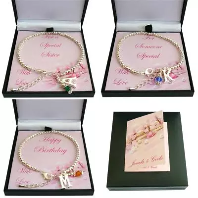 £9.99 • Buy Birthstone Bracelet With Letter Charm And Silver Beads In Special Gift Box.
