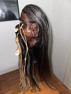 Dark Haired Jivaro Shrunken Head With Tribal Nose Bones -tsantsa • $79.95