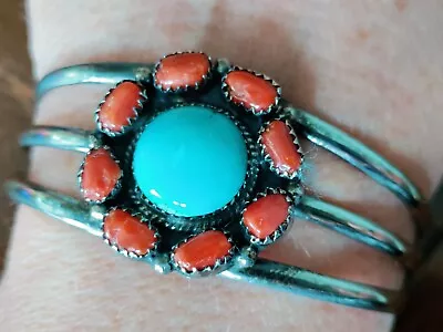 Native American Navajo Sterling Silver Turquoise And Coral Vintage Cuff... • $80