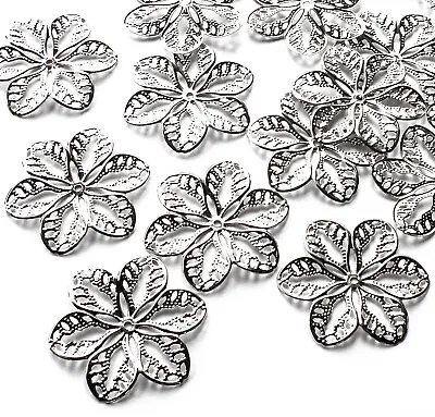 20 X Flower Charms Embellishments Filigree Shape 32mm Silver Tone Metal Craft • £2.29