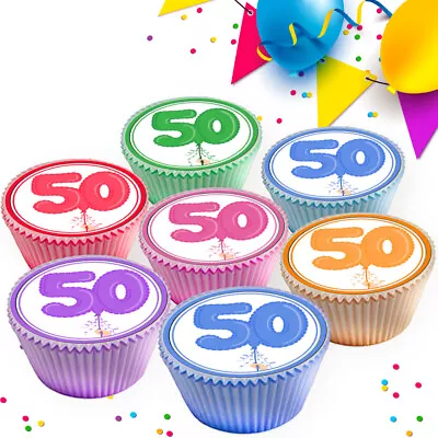 50th Age 50 Birthday Balloon Edible Cupcake Toppers Cake Decorations Nm4 • £2.99