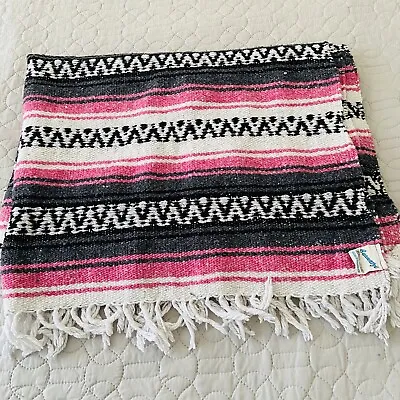 Vtg Cuamatzi Mexican Textiles Pink Blanket Throw Serape Southwestern W/ Fringe • $29