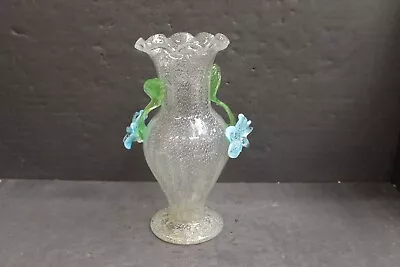 Antique Murano Turn Of The Century Clear Applied Blue Flowers Glass Vase • $9.99