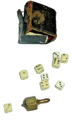 Antique Miniature 9 Carved Dice With Mini Leather Case & Top Brass • $39.92