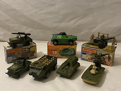 7 Lesney Matchbox 1970’s Army Style Vehicles W/ 3 Original Boxes • $61.99