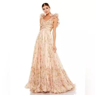 Mac Duggal Ruffle Tiered Floral Cut-Out Chiffon Gown Maxi Dress Size 8 NEW Peach • $498