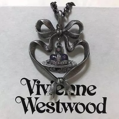 Vivienne Westwood Necklace Gunmetal Black Ribbon Heart Orb 64cm NO BOX • $108.58