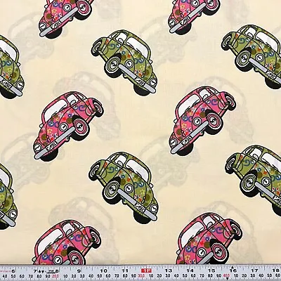 Volkswagen Beetle On Cream Cotton Broadcloth Fabric HALF YARD Remnant 18  X 44  • $7.50