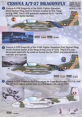 Print Scale Decals 1/72 CESSNA A-37 & T-37 DRAGONFLY • $25.39