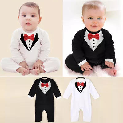 Baby Boy Tuxedo Bow Tie Bodysuit Christening Wedding Birthday Outfit 3-24 Months • £12.78