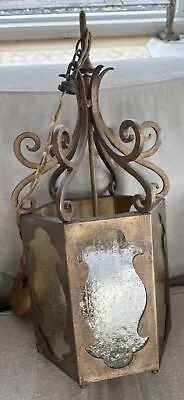 Vintage Glass Metal Gothic Ceiling Lantern Light Pale Amber Bubbly Glass Panel • $76.73