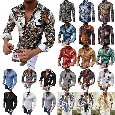 Men Long Sleeve Floral Casual Shirts Dress T-Shirt Buttons Slim Fit Tops Blouse • £14.99