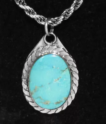 Large Old 1950s Signed Mexican Natural Candelaria Turquoise 925 Silver Pendant • $0.99