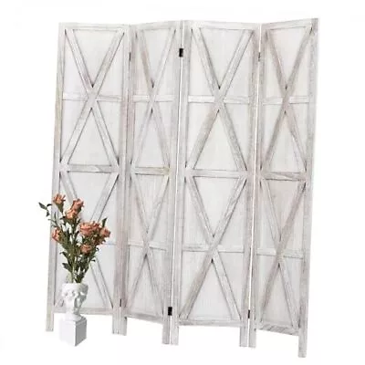  4 Panel Room Divider Privacy Screen 4 Panel Vintage White With Pattern • $239.56