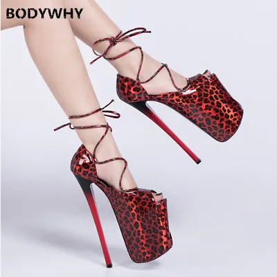 22CM High Heels Open Toe Roman Hollow Stiletto Heels 9 Inch Leopard Platform Top • $114.12