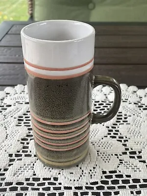 Vintage Tall Coffee Mug Made In Japan Stoneware Olive Coral White Striped • $7.25