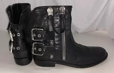 39/9❤️GIUSEPPE ZANOTTI BLACK LEATHER Biker Riding Buckle Ankle BOOTS ITALY • $171