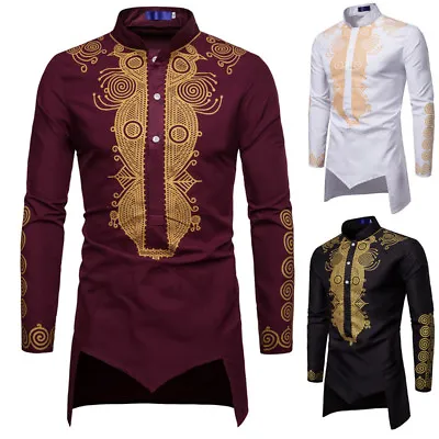 £21.23 • Buy Men T-Shirt Dashiki Shirts Long Sleeve Bohemian Tops African Print Ethnic Kaftan