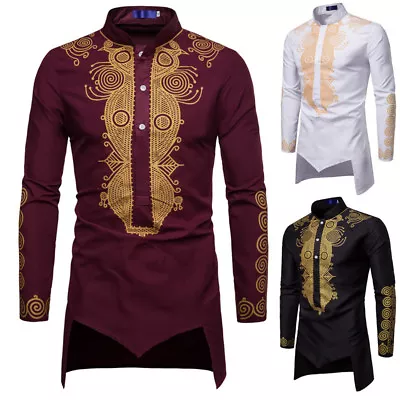 Men T-Shirt Dashiki Shirts Long Sleeve Bohemian Tops African Print Ethnic Kaftan • £22.58