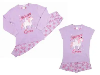Girls Unicorn Queen Lilac Short And Long Pyjamas 10-13 Years • £6.99