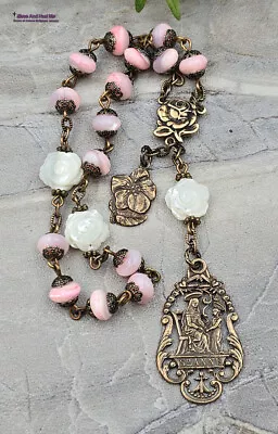 St Anne Anthony Roses Pink Mother Of Pearl Vintage Bronze Chaplet • $87