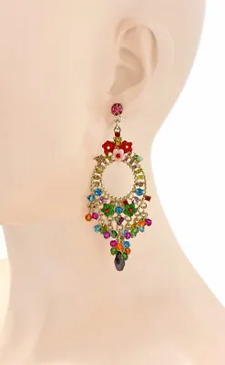 3.5  Long Multicolor Rhinestones Enamel Flowers Colorful Chandelier Earrings  • $19