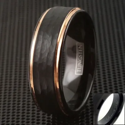 8mm Tungsten Men's Black Hammered Rose Gold Plated Wedding Band Ring-Engraving • $15.99