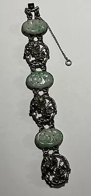 $61 • Buy Vintage Chinese Carved Jade Oxidized 925 Sterling Silver Floral Bracelet ~6 3/4