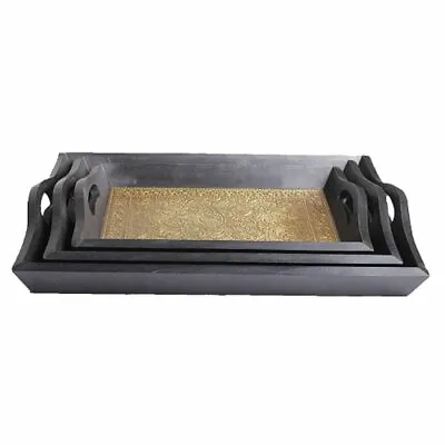 Handicraft Wood And Brass Serving Snack Tray Set Of 3 - For Table Decor • $347.36