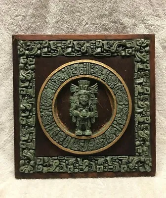 Aztec Mayan Calendar Crushed Malachite Composite Wood 11.5  Plaque Wall  • $40