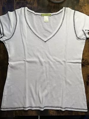 Sigrid Olsen Womens Lightweight White With Black Hem V Neck Shirt Size L • $10