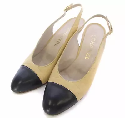 Vintage Chanel Cap Toe Slingback Women's Pumps In Beige Size 37 • $242.65