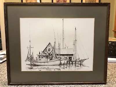 Vintage Docked Fishing Boat Framed / Matted Print By A SHEMROSKE 1969 11”x15” • $69.99