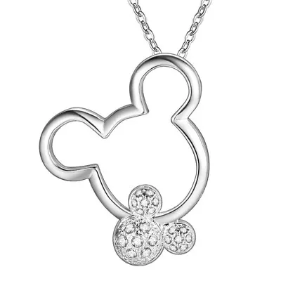 925 Sterling Silver Plated MICKEY MINNIE MOUSE EARS NECKLACE CUBIC CZ 18 N129 • $11.99