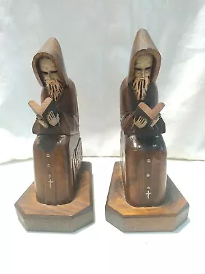 Hand Carved Wooden Monks Of Piety And Devotion Bookends Religious 8  • $34.99